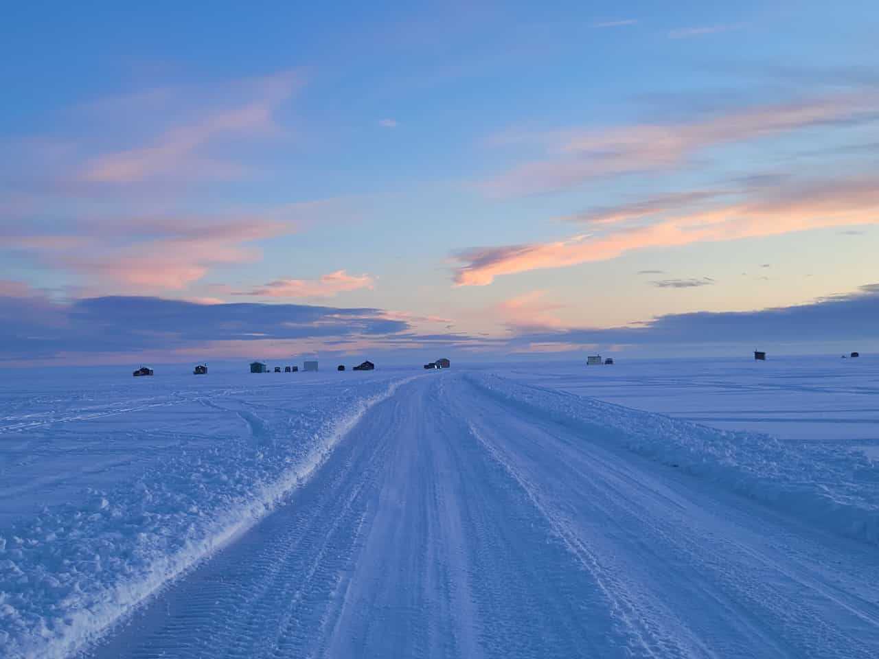 Ice fishing shacks on Lesser Slave Lake Alberta